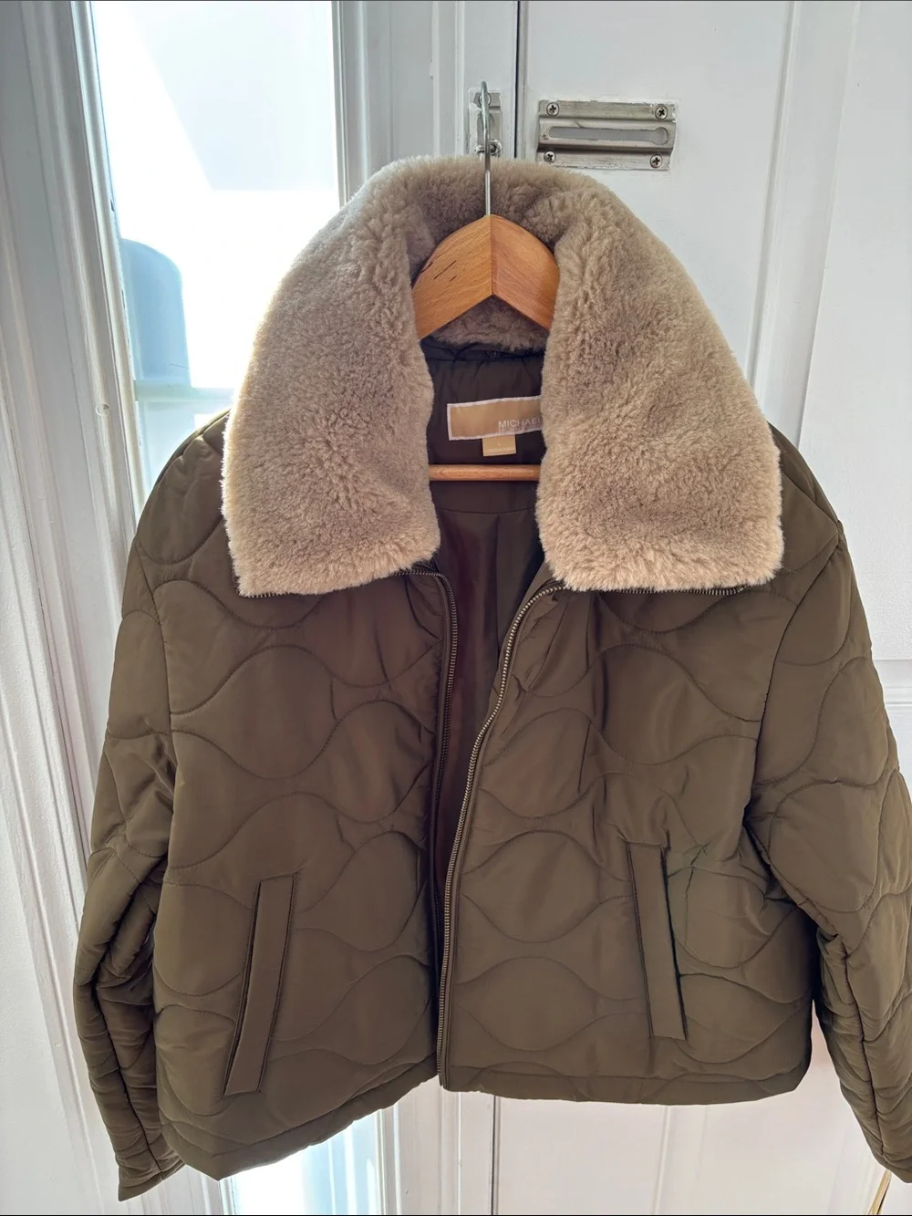 Michael Kors Olive Quilted Puffer Jacket with Beige Faux Shearling Collar